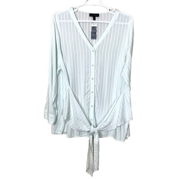 Lane Bryant Womens Top 22 24 Long Sleeve Wrap Tie Green Rayon Stripe NEW Shirt - Picture 1 of 16